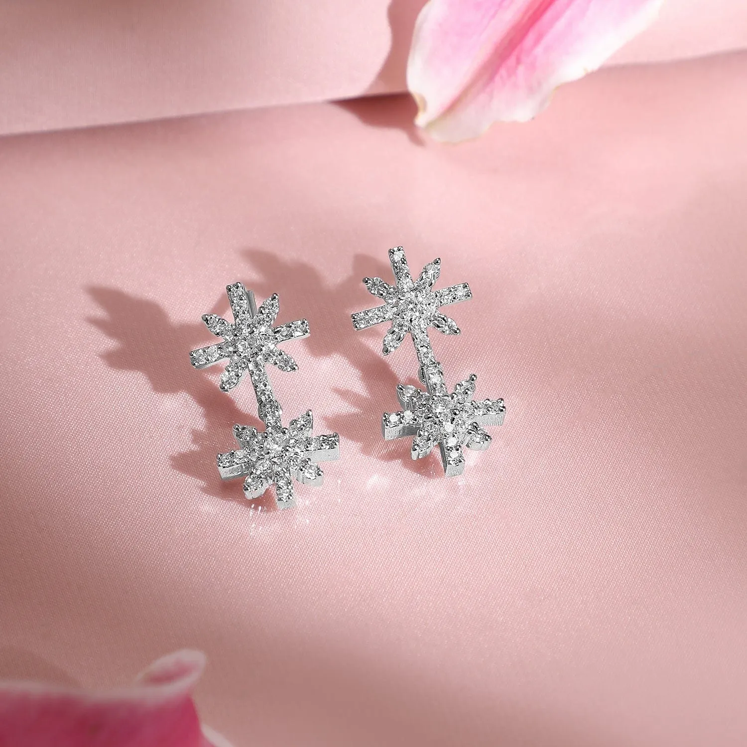 Rubans Rhodium-Plated Cubic Zirconia Studded Snowflake Necklace & Earrings Set